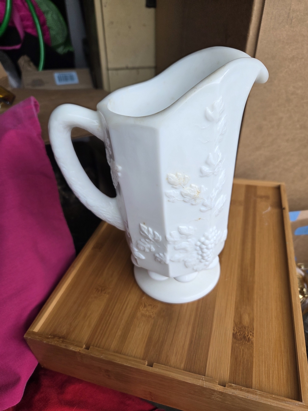 White Floral Milk Glass Pitcher - Elegant Home Accent Heavy